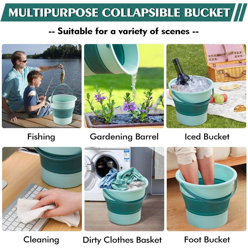 2pcs Collapsible Buckets with Sturdy Collapsible Design - Heavy-Duty Foldable 1.3 Gal (5L) & 4.5 Gal (17L) Capacity, Space-Saving Green Buckets for Household, Car Wash, Camping, Beach, Fishing, Mop Bucket with Sturdy Handle & Spill-Resistant Lid