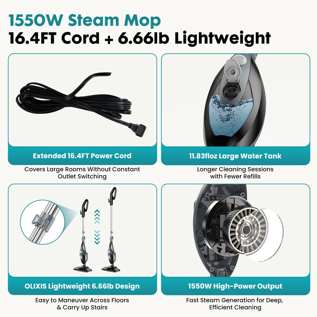 10-in-1 Multifunctional Steam Mop, 1550W Detachable Handheld Steam Cleaner for Floor Cleaning, 16FT Cord, 2 Washable Pads, Multi-Purpose Floor Steamer for Hardwood, Carpet, Tile, Grout, Windows