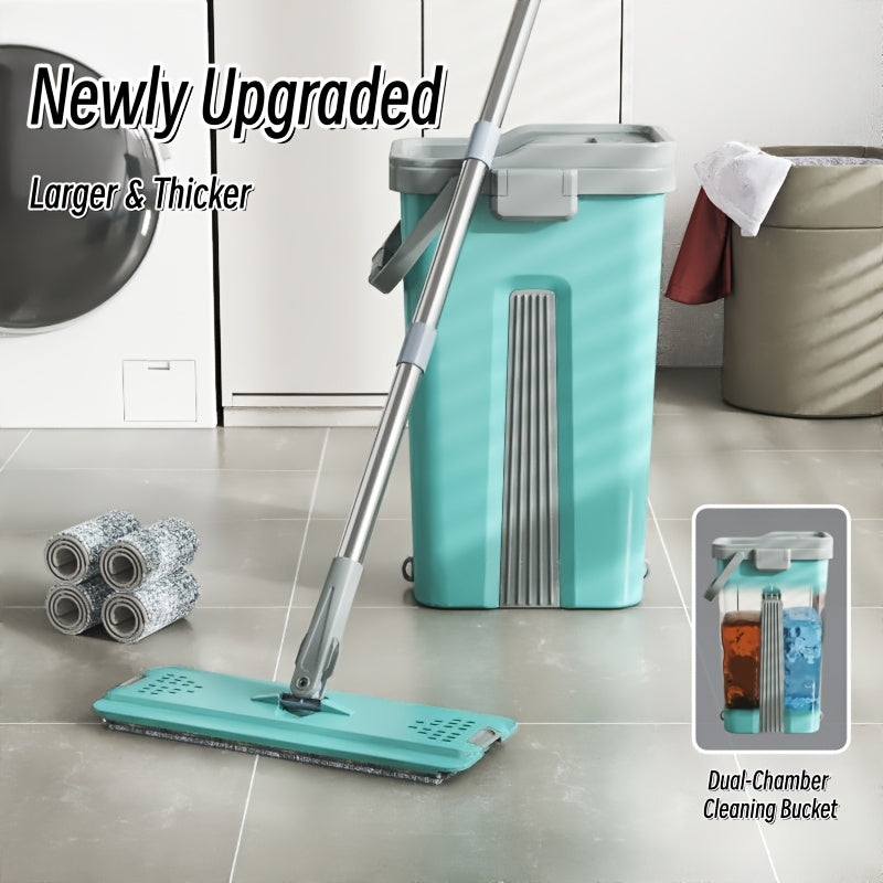 Extended Handle Hands-Free Flat Mop And Bucket Set, 4 Microfiber Pads Included, Large-Capacity Mop System, Dry & Wet Dual-Use Dust Mop for Hardwood, Tile, Marble & Wall Cleaning