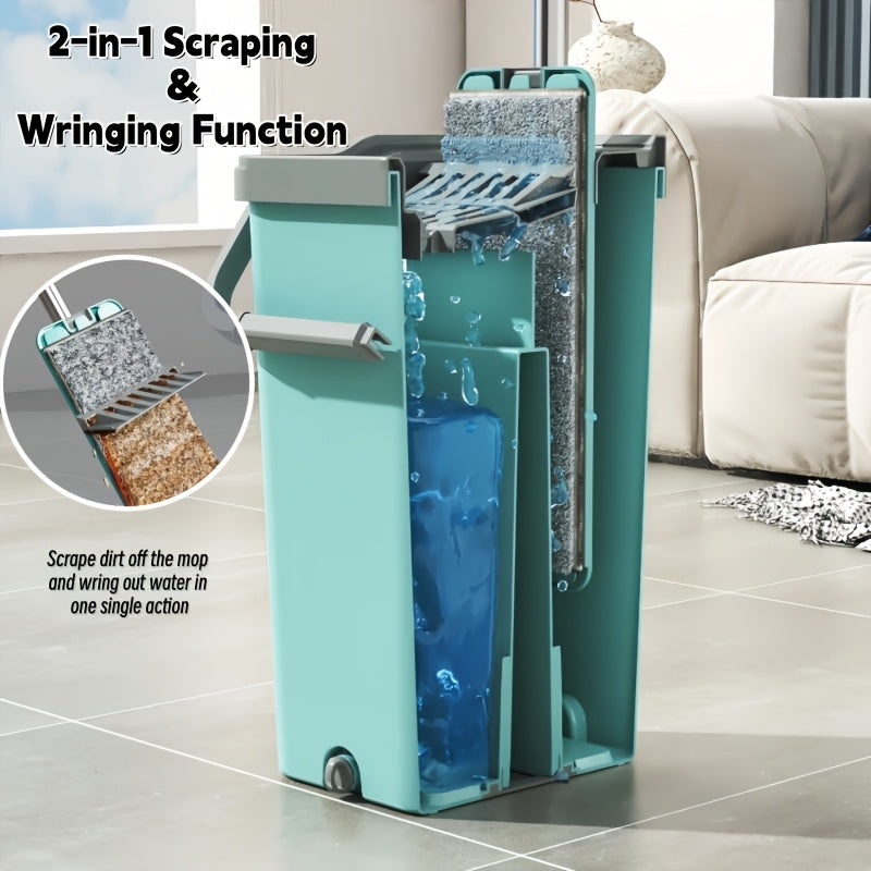 Extended Handle Hands-Free Flat Mop And Bucket Set, 4 Microfiber Pads Included, Large-Capacity Mop System, Dry & Wet Dual-Use Dust Mop for Hardwood, Tile, Marble & Wall Cleaning