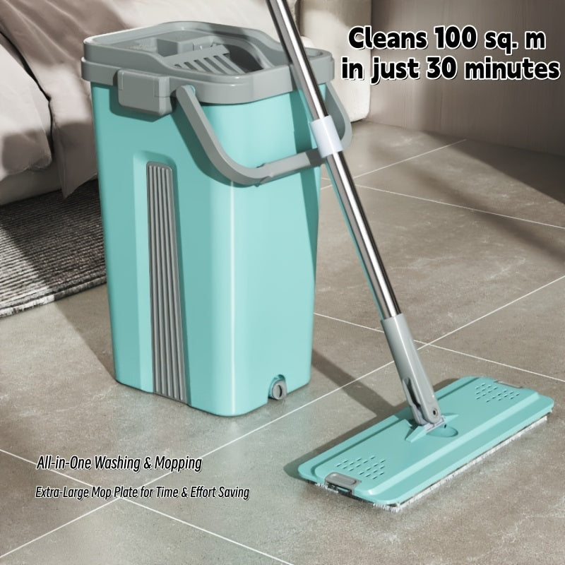 Extended Handle Hands-Free Flat Mop And Bucket Set, 4 Microfiber Pads Included, Large-Capacity Mop System, Dry & Wet Dual-Use Dust Mop for Hardwood, Tile, Marble & Wall Cleaning