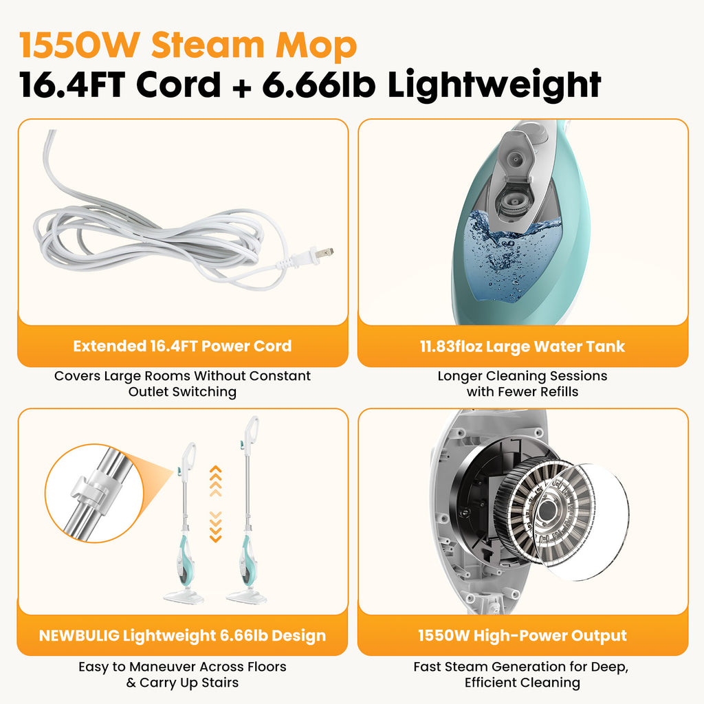 10-in-1 Multifunctional Steam Mop, 1550W Detachable Handheld Steam Cleaner for Floor Cleaning, 16FT Cord, 2 Washable Pads, Multi-Purpose Floor Steamer for Hardwood, Carpet, Tile, Grout, Windows