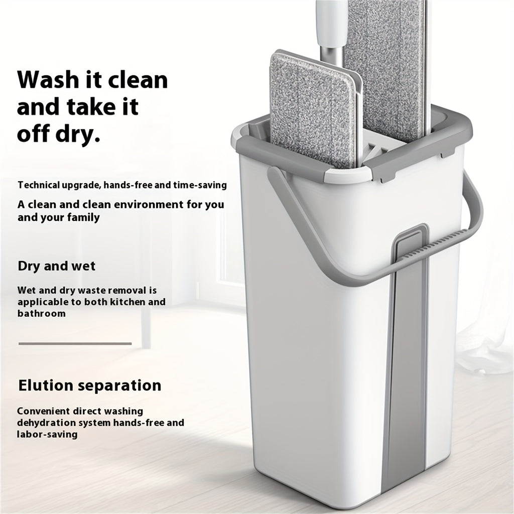Hands-free Flat Mop And Bucket Set With 2 Reusable Microfiber Pads, Long Handle, Wringer, 360° Flexible Swivel For Floor Cleaning And Wall Cleaning, Mop And Bucket Cleaning Set