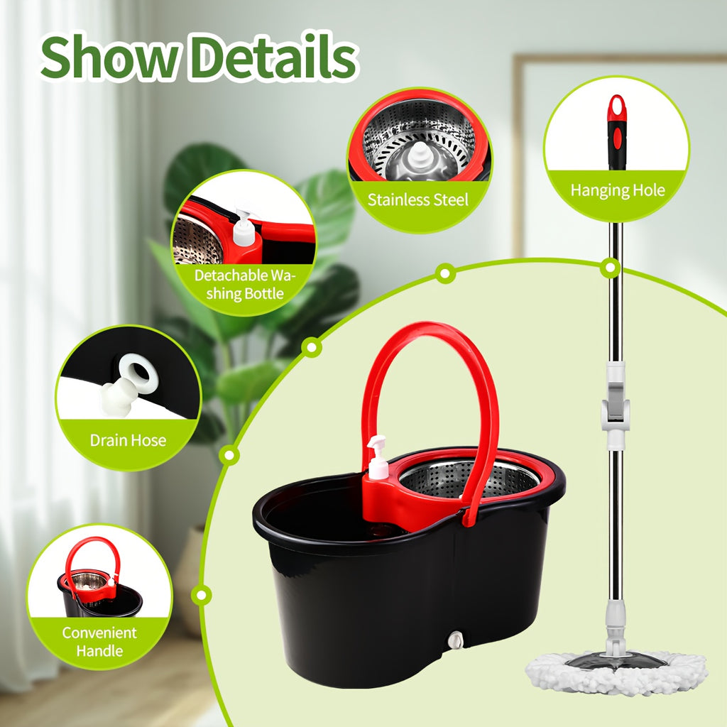 Mop Bucket Set Spin Mop And Bucket With Wringing System | 360° Spin Mop System With 3 Ultra-Fine Fiber Mop Replacement Heads, Suitable For Hardwood Tile Marble Floors, Plastic, Ideal For Living Room, Bedroom, Bathroom, Toilet