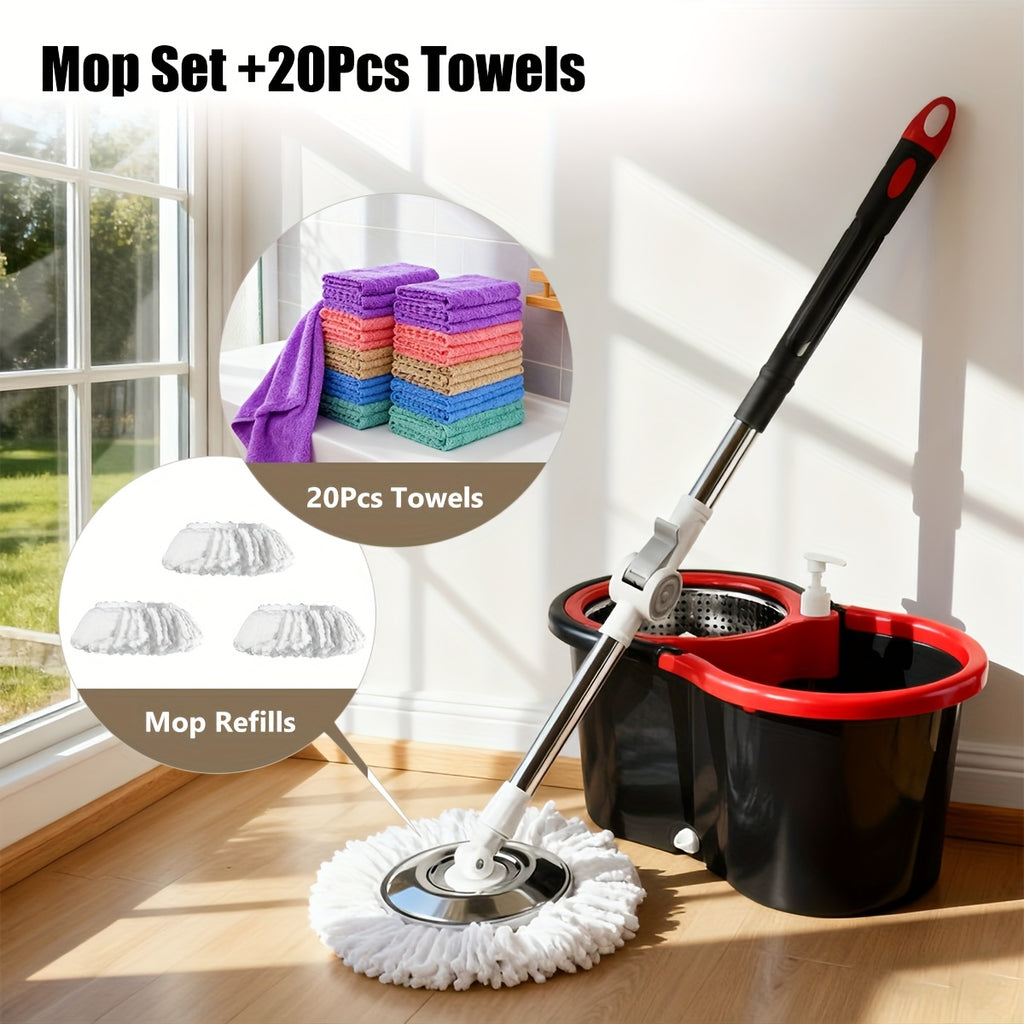 Mop Bucket Set Spin Mop And Bucket With Wringing System | 360° Spin Mop System With 3 Ultra-Fine Fiber Mop Replacement Heads, Suitable For Hardwood Tile Marble Floors, Plastic, Ideal For Living Room, Bedroom, Bathroom, Toilet