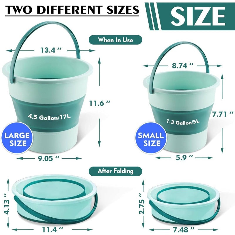 2pcs Collapsible Buckets with Sturdy Collapsible Design - Heavy-Duty Foldable 1.3 Gal (5L) & 4.5 Gal (17L) Capacity, Space-Saving Green Buckets for Household, Car Wash, Camping, Beach, Fishing, Mop Bucket with Sturdy Handle & Spill-Resistant Lid